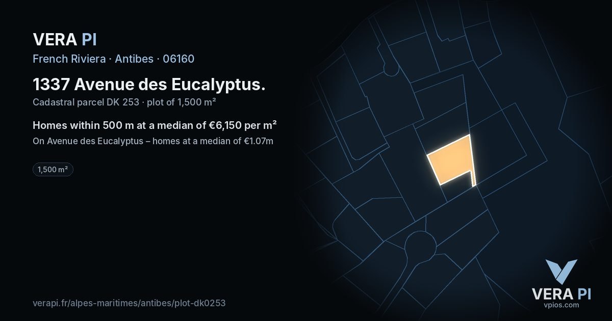 1337 Avenue des Eucalyptus, Antibes at night – the plot lit, the parcels around coloured by the prices near them