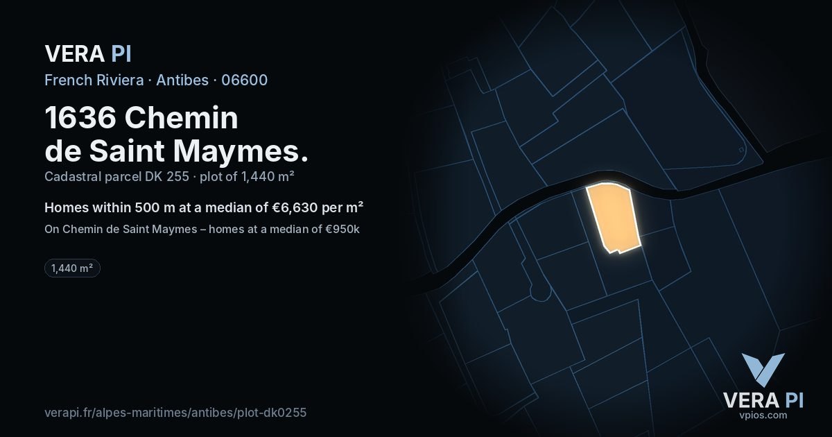 1636 Chemin de Saint Maymes, Antibes at night – the plot lit, the parcels around coloured by the prices near them