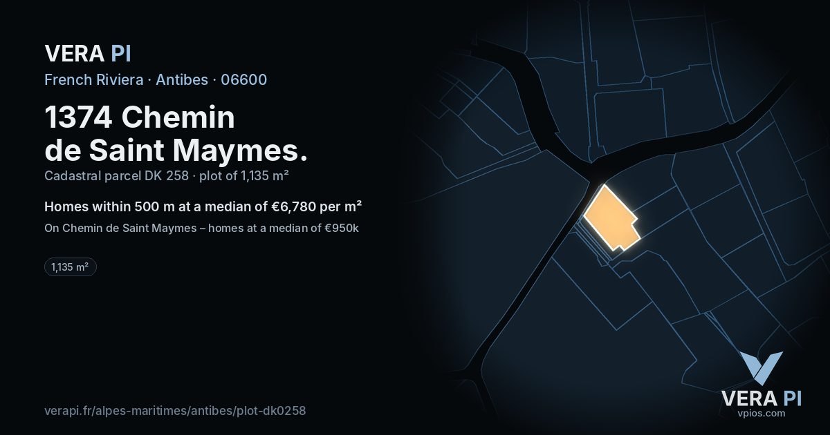 1374 Chemin de Saint Maymes, Antibes at night – the plot lit, the parcels around coloured by the prices near them