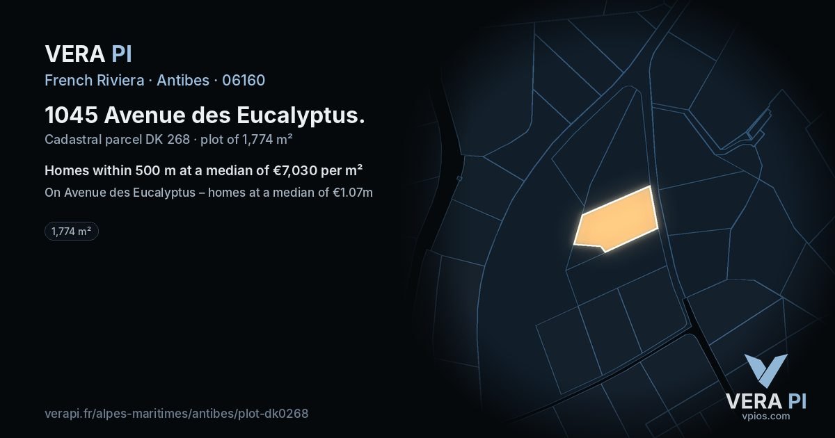 1045 Avenue des Eucalyptus, Antibes at night – the plot lit, the parcels around coloured by the prices near them