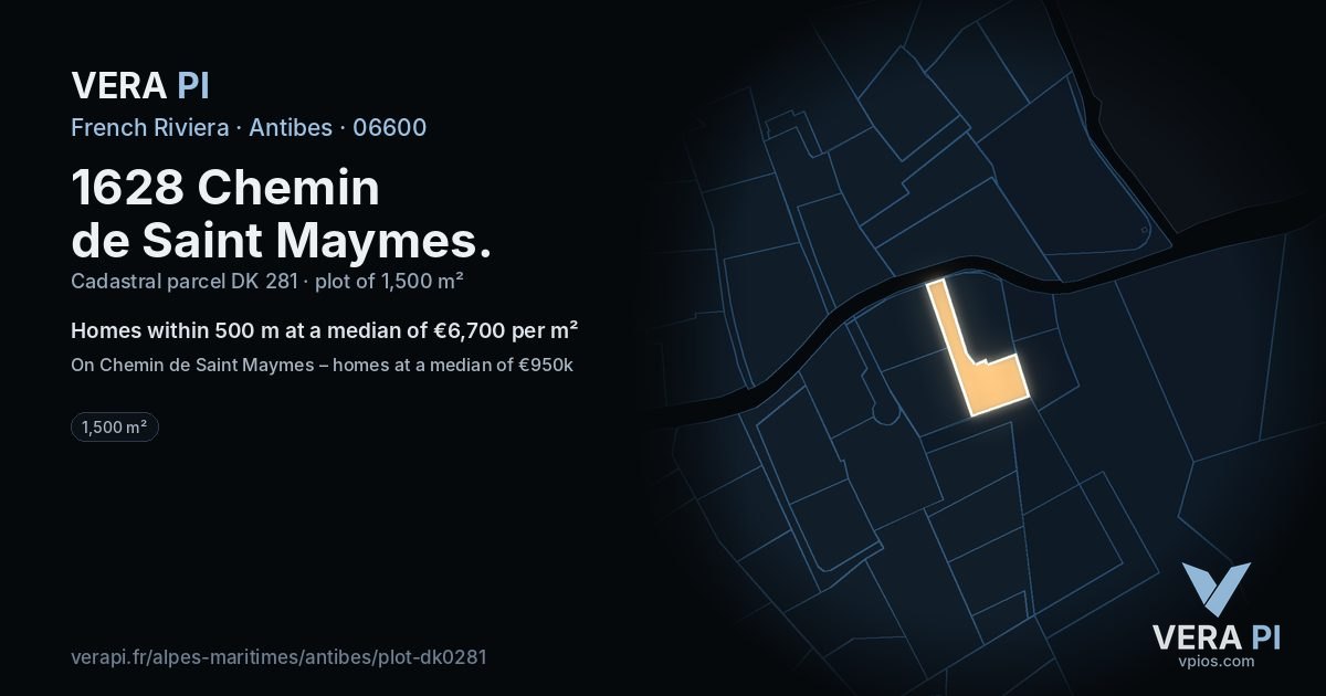 1628 Chemin de Saint Maymes, Antibes at night – the plot lit, the parcels around coloured by the prices near them