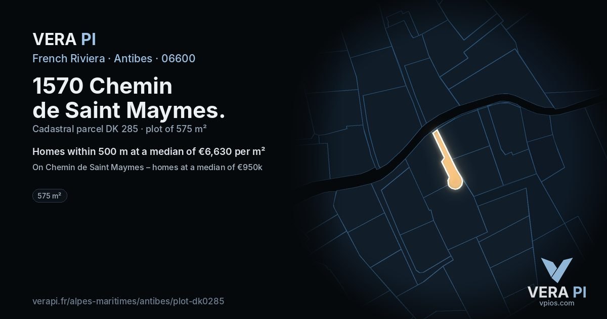1570 Chemin de Saint Maymes, Antibes at night – the plot lit, the parcels around coloured by the prices near them