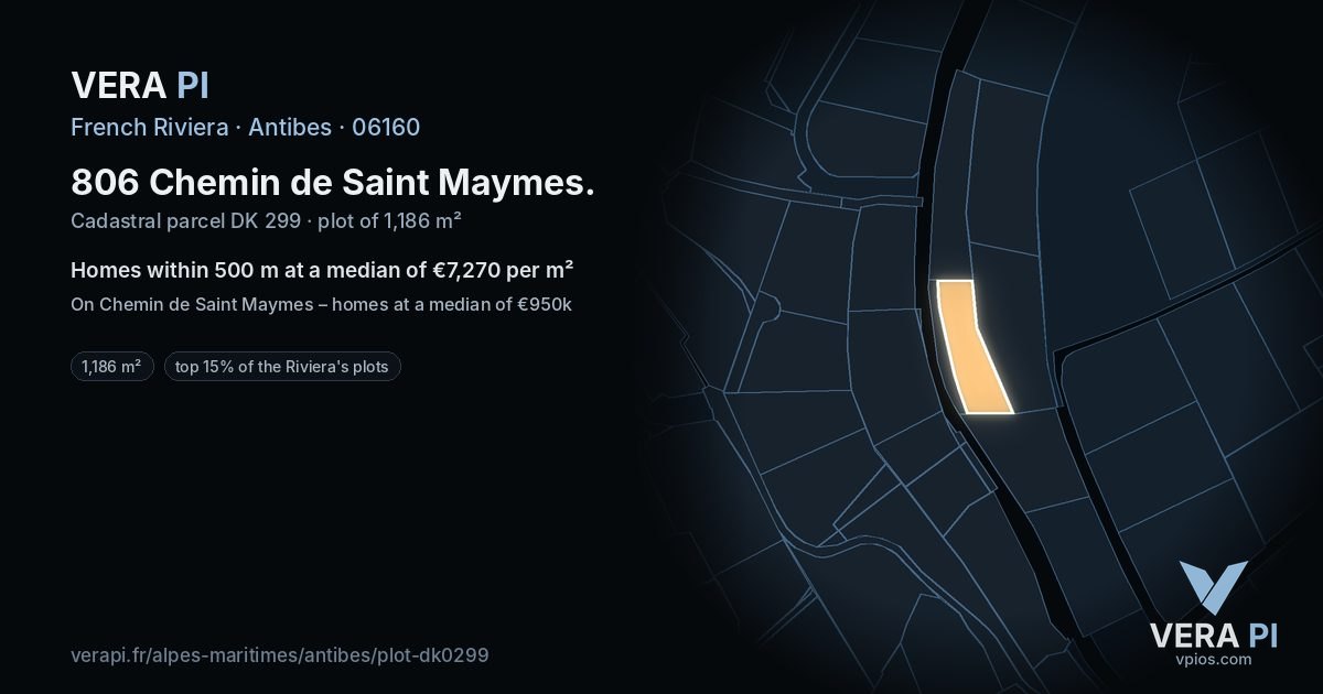 806 Chemin de Saint Maymes, Antibes at night – the plot lit, the parcels around coloured by the prices near them