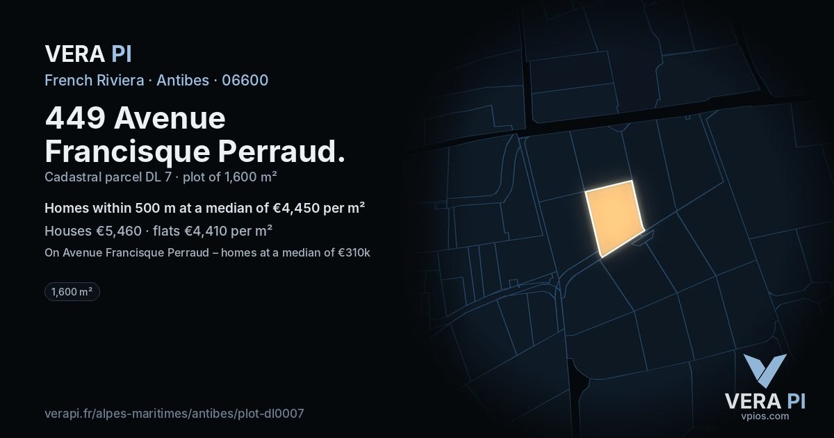 449 Avenue Francisque Perraud, Antibes at night – the plot lit, the parcels around coloured by the prices near them