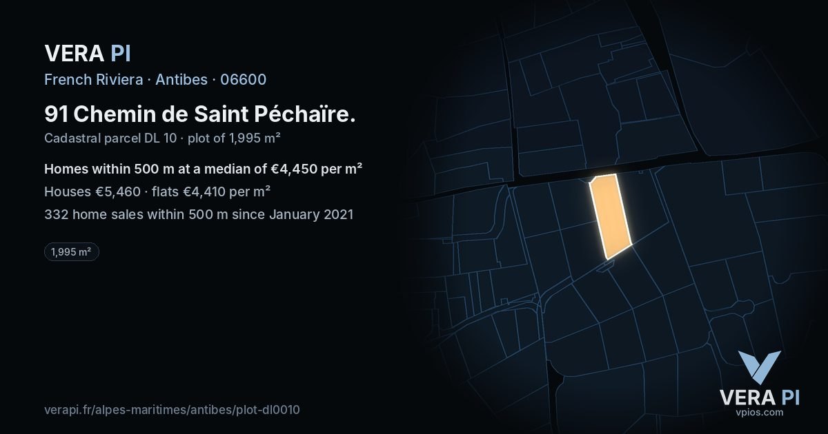 91 Chemin de Saint Péchaïre, Antibes at night – the plot lit, the parcels around coloured by the prices near them