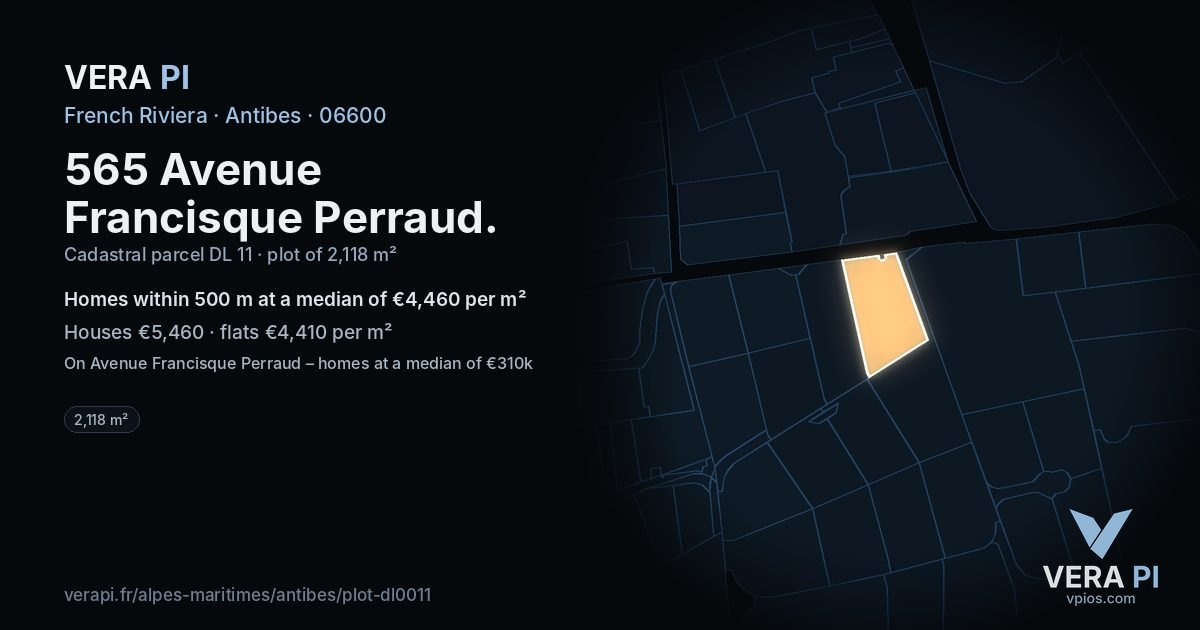 565 Avenue Francisque Perraud, Antibes at night – the plot lit, the parcels around coloured by the prices near them