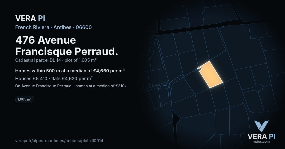 476 Avenue Francisque Perraud, Antibes at night – the plot lit, the parcels around coloured by the prices near them
