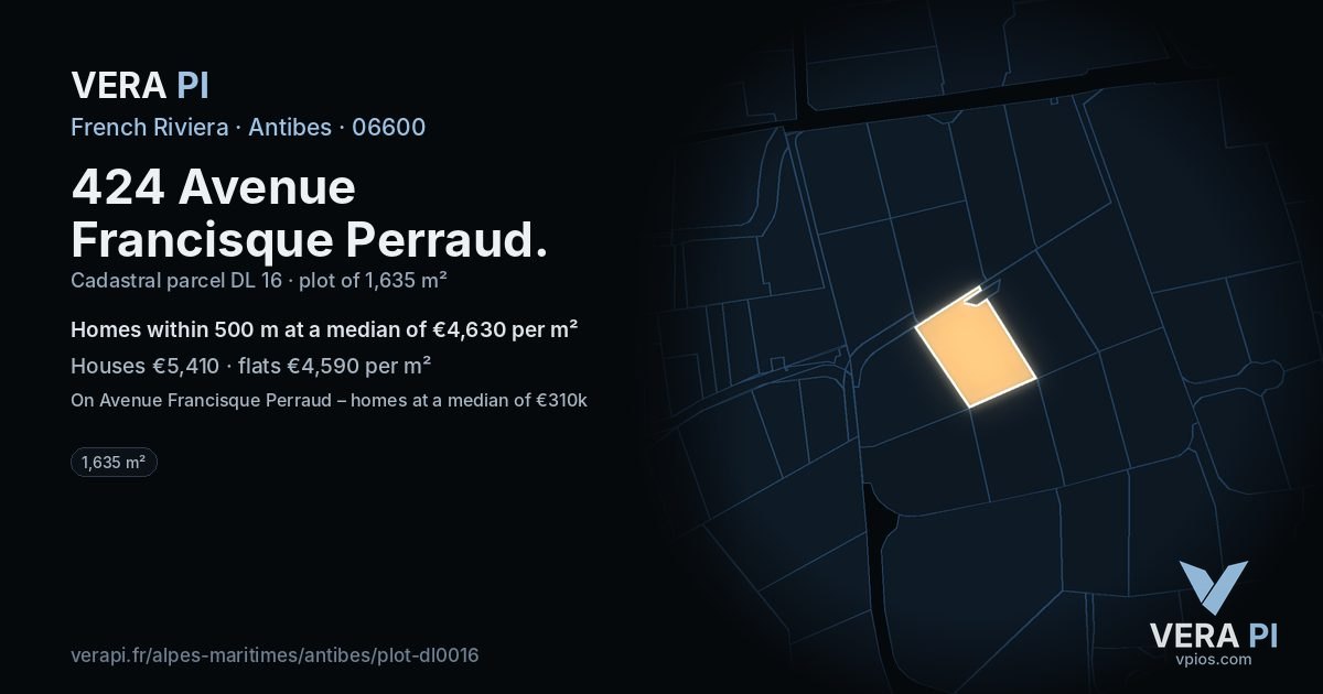 424 Avenue Francisque Perraud, Antibes at night – the plot lit, the parcels around coloured by the prices near them