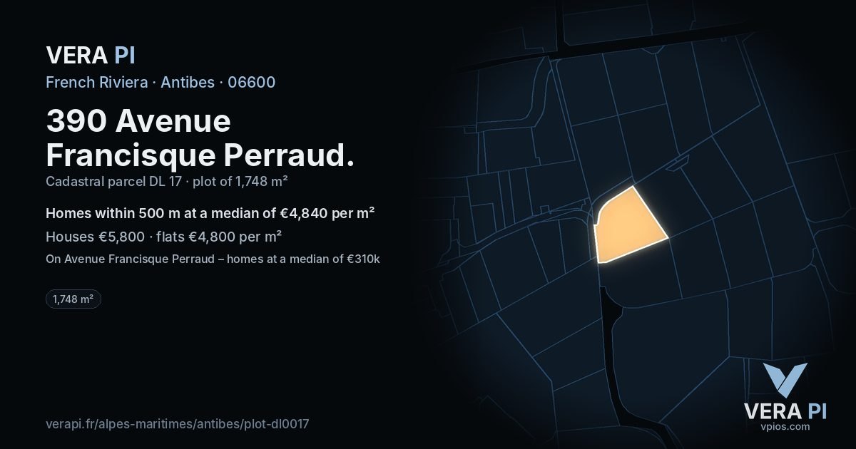 390 Avenue Francisque Perraud, Antibes at night – the plot lit, the parcels around coloured by the prices near them
