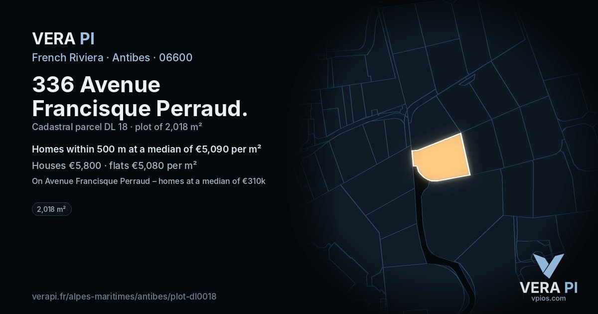 336 Avenue Francisque Perraud, Antibes at night – the plot lit, the parcels around coloured by the prices near them