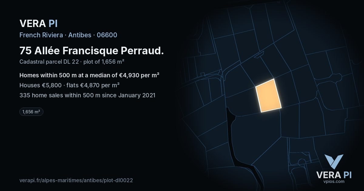 75 Allée Francisque Perraud, Antibes at night – the plot lit, the parcels around coloured by the prices near them