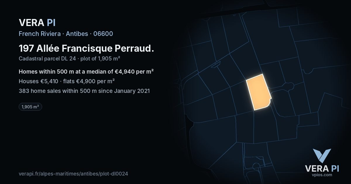 197 Allée Francisque Perraud, Antibes at night – the plot lit, the parcels around coloured by the prices near them