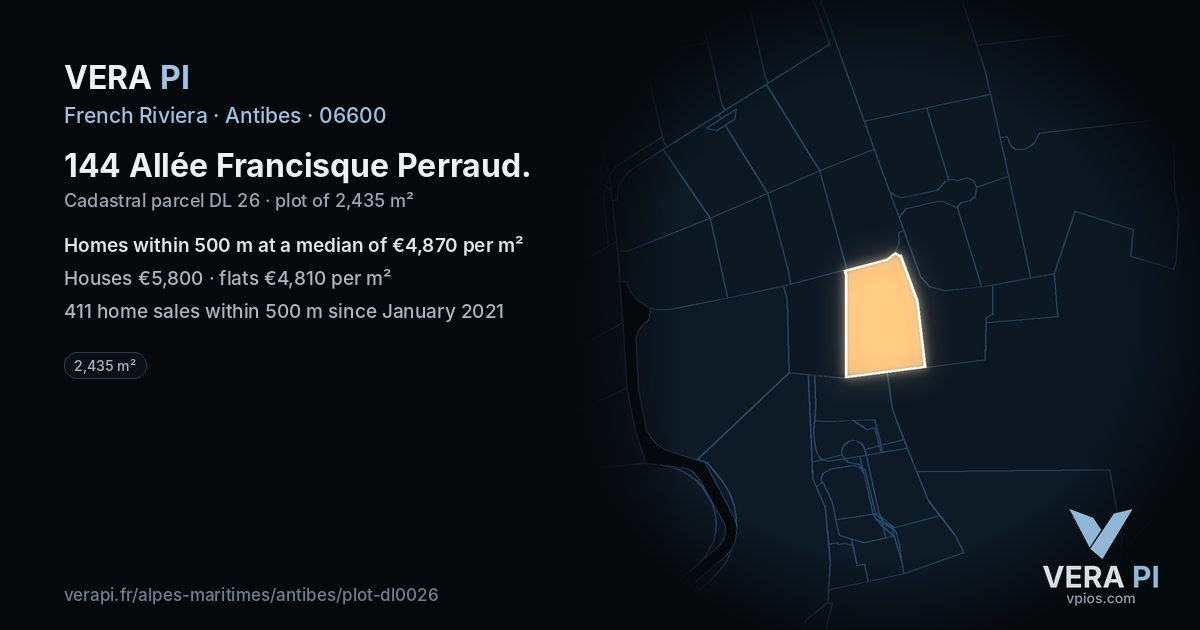 144 Allée Francisque Perraud, Antibes at night – the plot lit, the parcels around coloured by the prices near them