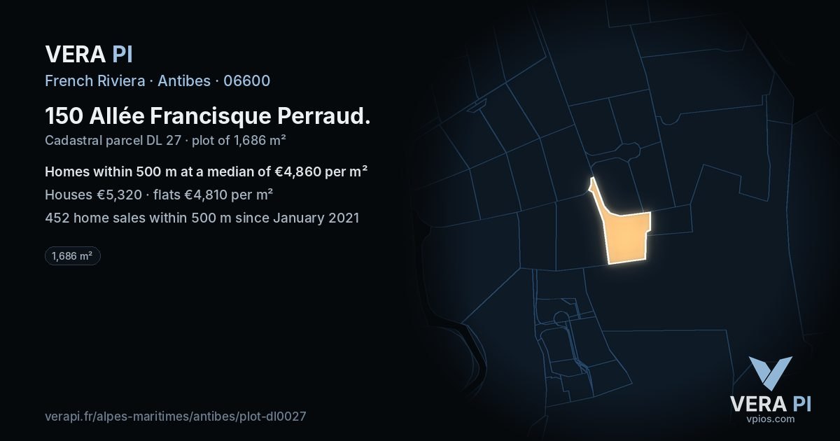 150 Allée Francisque Perraud, Antibes at night – the plot lit, the parcels around coloured by the prices near them
