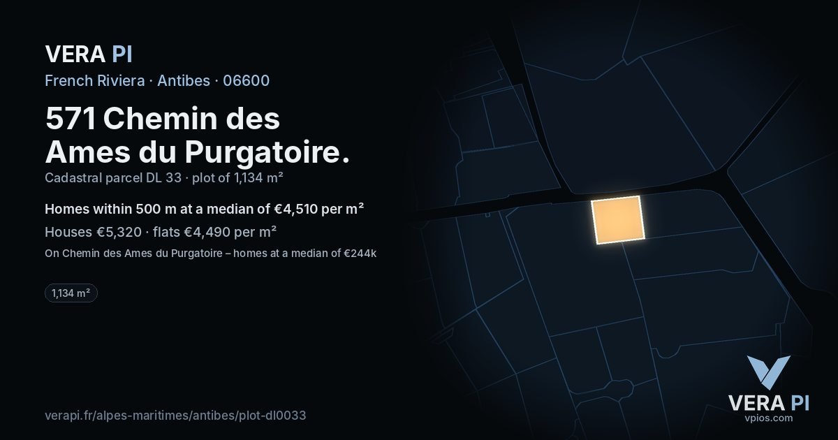 571 Chemin des Ames du Purgatoire, Antibes at night – the plot lit, the parcels around coloured by the prices near them