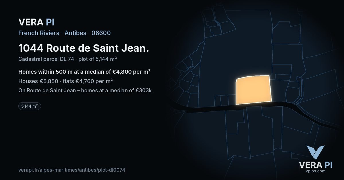 1044 Route de Saint Jean, Antibes at night – the plot lit, the parcels around coloured by the prices near them