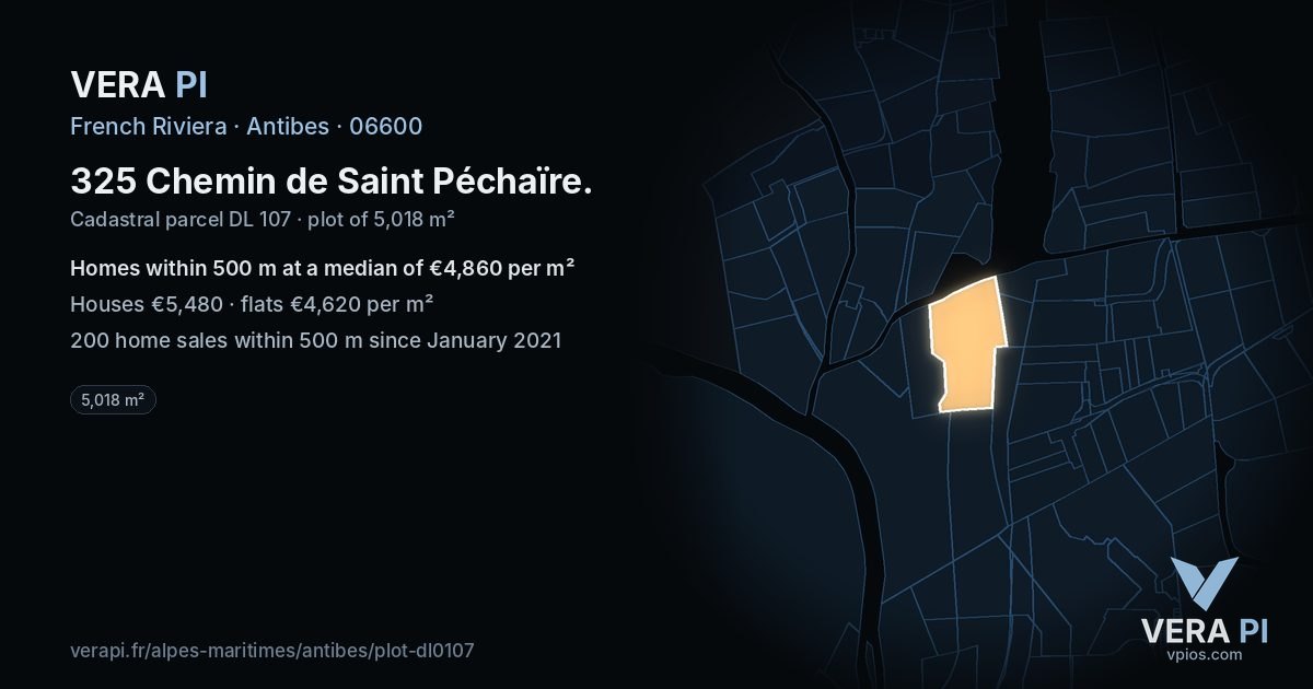 325 Chemin de Saint Péchaïre, Antibes at night – the plot lit, the parcels around coloured by the prices near them
