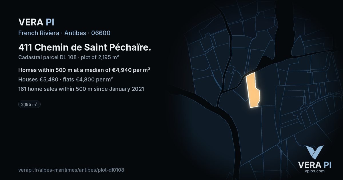 411 Chemin de Saint Péchaïre, Antibes at night – the plot lit, the parcels around coloured by the prices near them