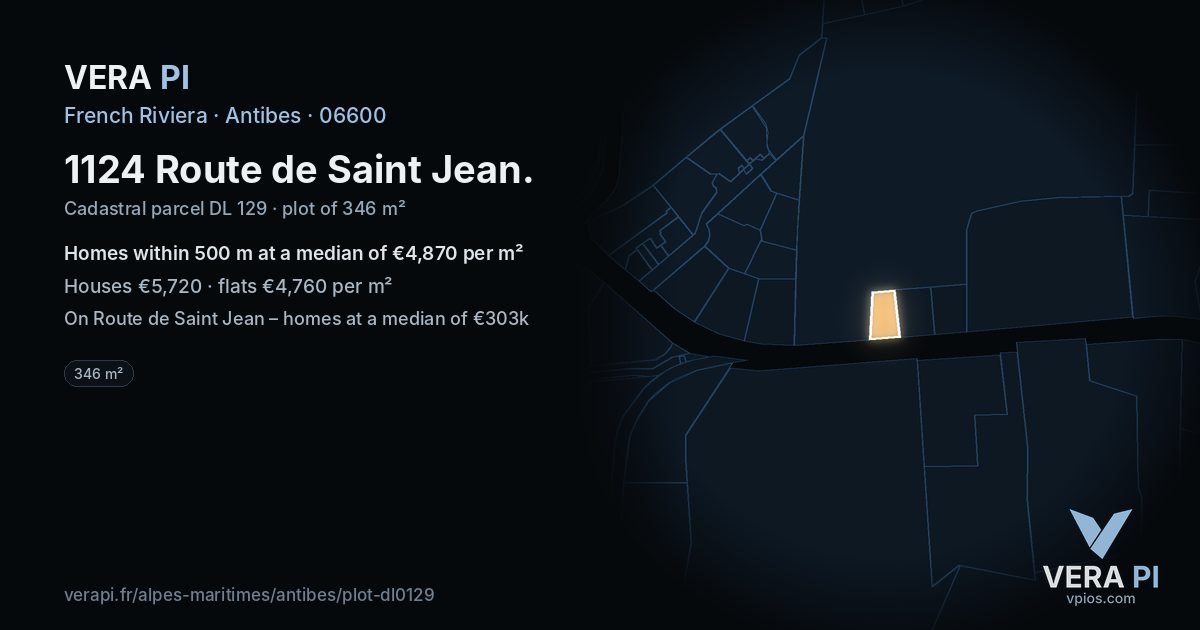 1124 Route de Saint Jean, Antibes at night – the plot lit, the parcels around coloured by the prices near them