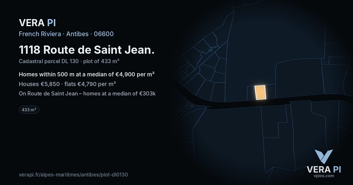1118 Route de Saint Jean, Antibes at night – the plot lit, the parcels around coloured by the prices near them