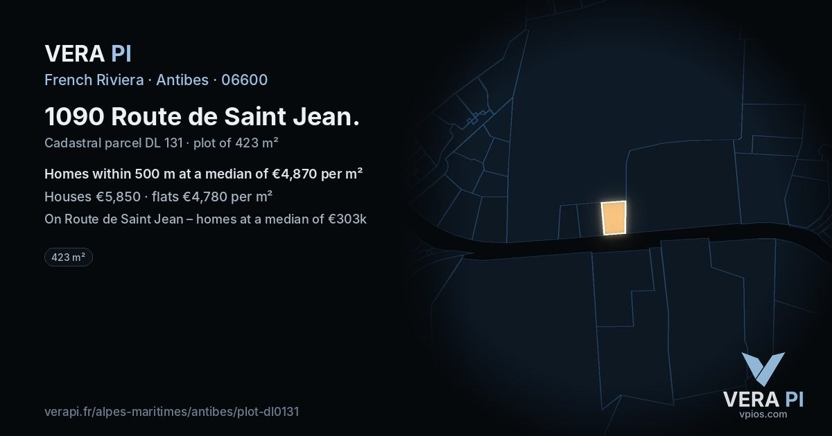 1090 Route de Saint Jean, Antibes at night – the plot lit, the parcels around coloured by the prices near them