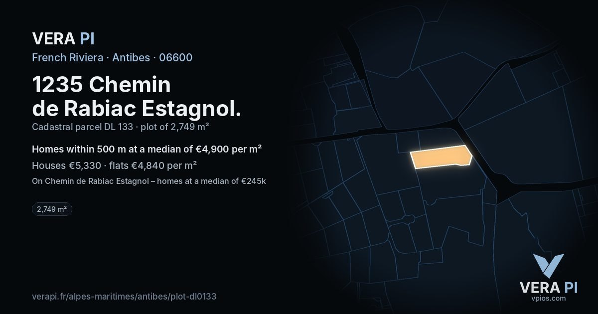 1235 Chemin de Rabiac Estagnol, Antibes at night – the plot lit, the parcels around coloured by the prices near them