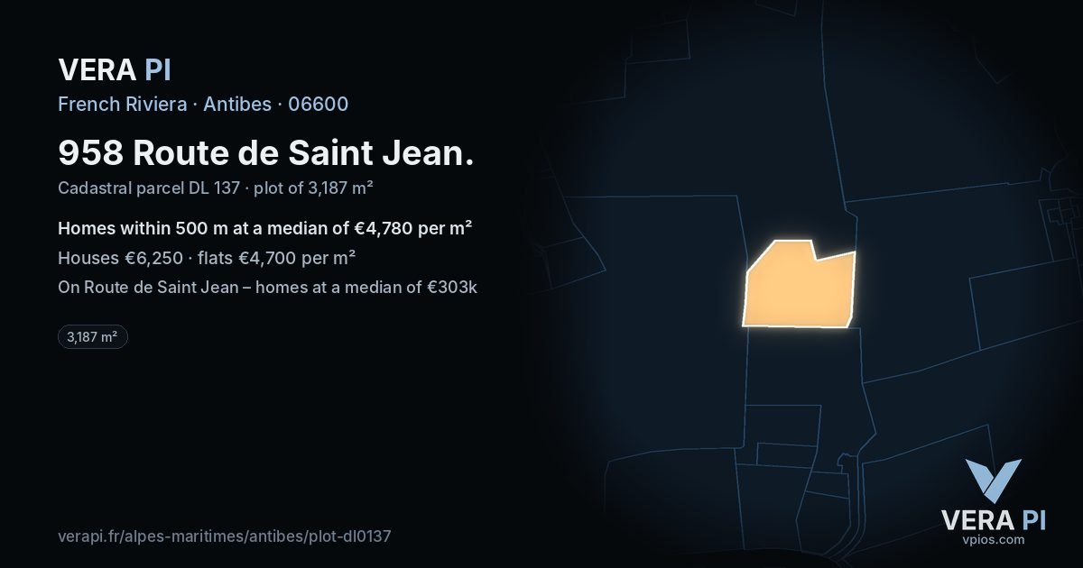 958 Route de Saint Jean, Antibes at night – the plot lit, the parcels around coloured by the prices near them