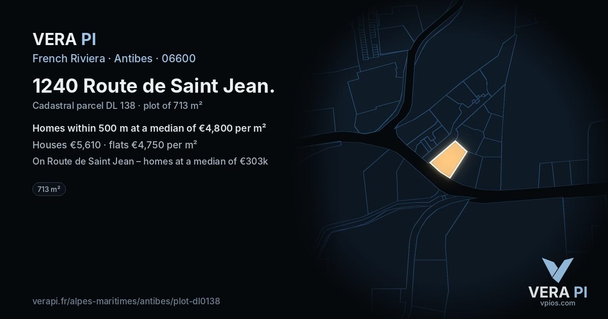 1240 Route de Saint Jean, Antibes at night – the plot lit, the parcels around coloured by the prices near them