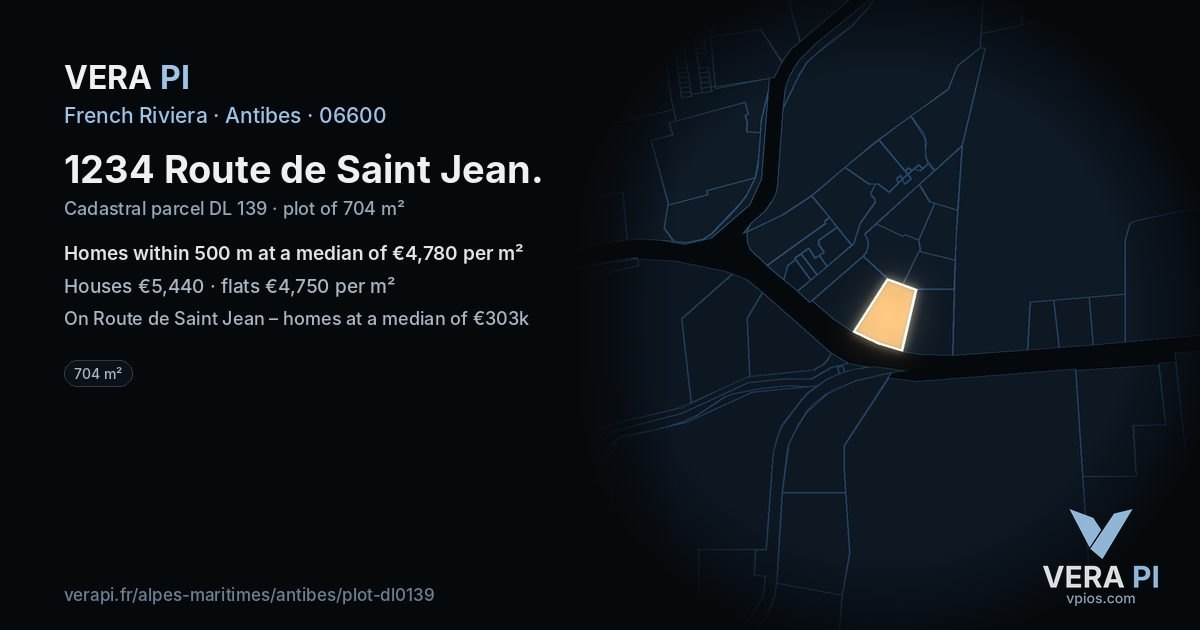 1234 Route de Saint Jean, Antibes at night – the plot lit, the parcels around coloured by the prices near them