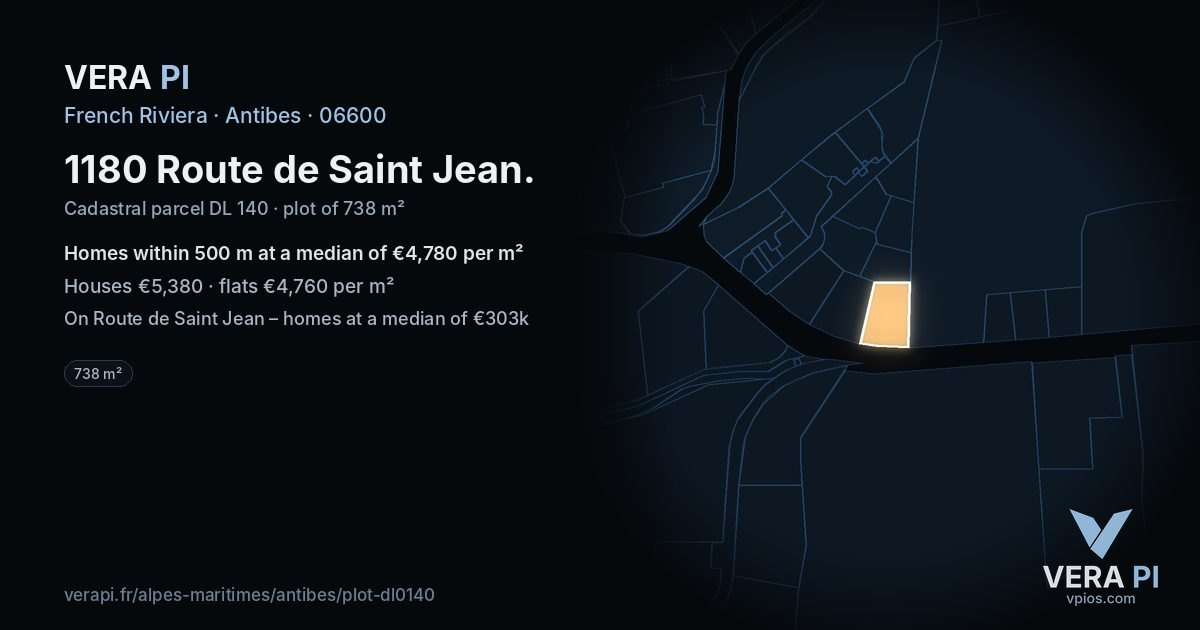 1180 Route de Saint Jean, Antibes at night – the plot lit, the parcels around coloured by the prices near them