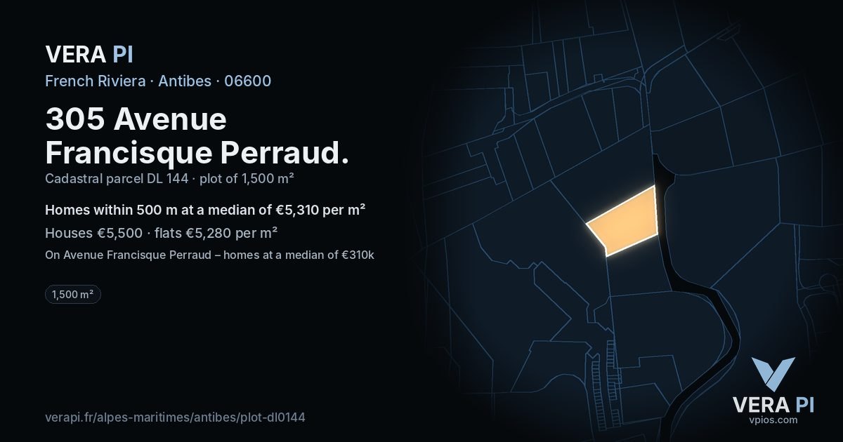 305 Avenue Francisque Perraud, Antibes at night – the plot lit, the parcels around coloured by the prices near them