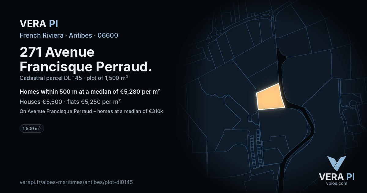 271 Avenue Francisque Perraud, Antibes at night – the plot lit, the parcels around coloured by the prices near them