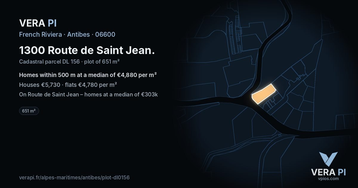 1300 Route de Saint Jean, Antibes at night – the plot lit, the parcels around coloured by the prices near them
