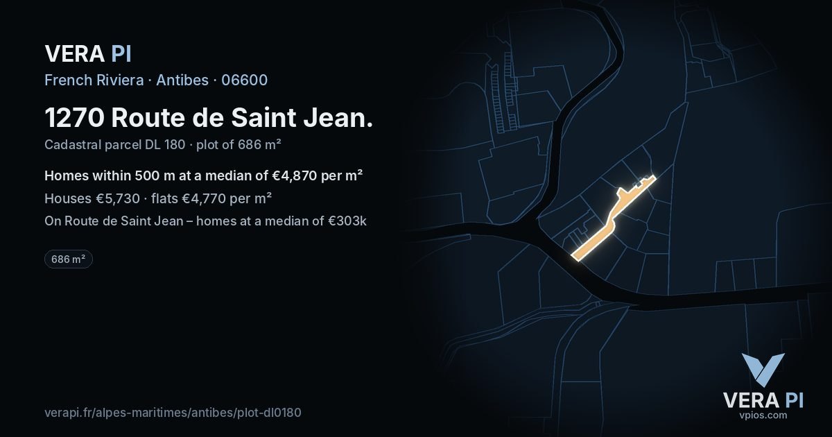 1270 Route de Saint Jean, Antibes at night – the plot lit, the parcels around coloured by the prices near them