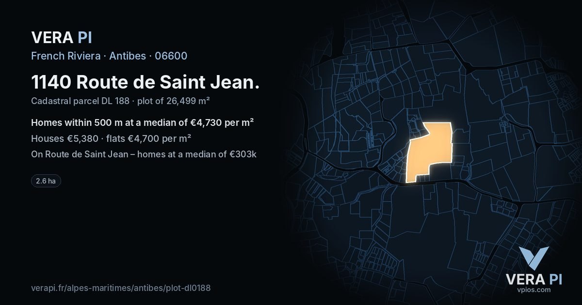 1140 Route de Saint Jean, Antibes at night – the plot lit, the parcels around coloured by the prices near them
