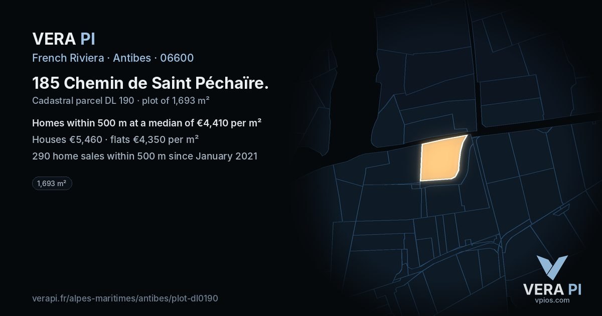 185 Chemin de Saint Péchaïre, Antibes at night – the plot lit, the parcels around coloured by the prices near them