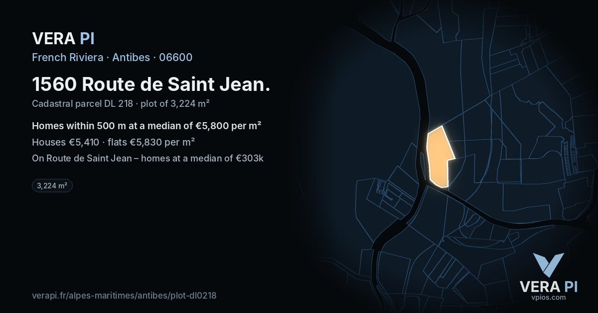 1560 Route de Saint Jean, Antibes at night – the plot lit, the parcels around coloured by the prices near them