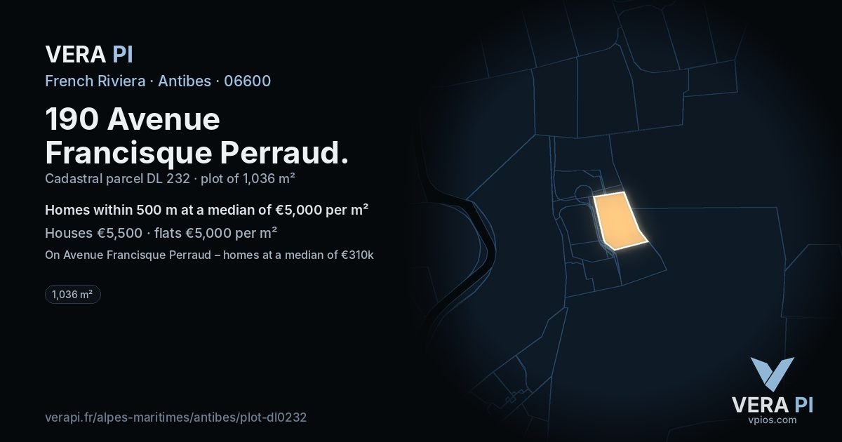190 Avenue Francisque Perraud, Antibes at night – the plot lit, the parcels around coloured by the prices near them