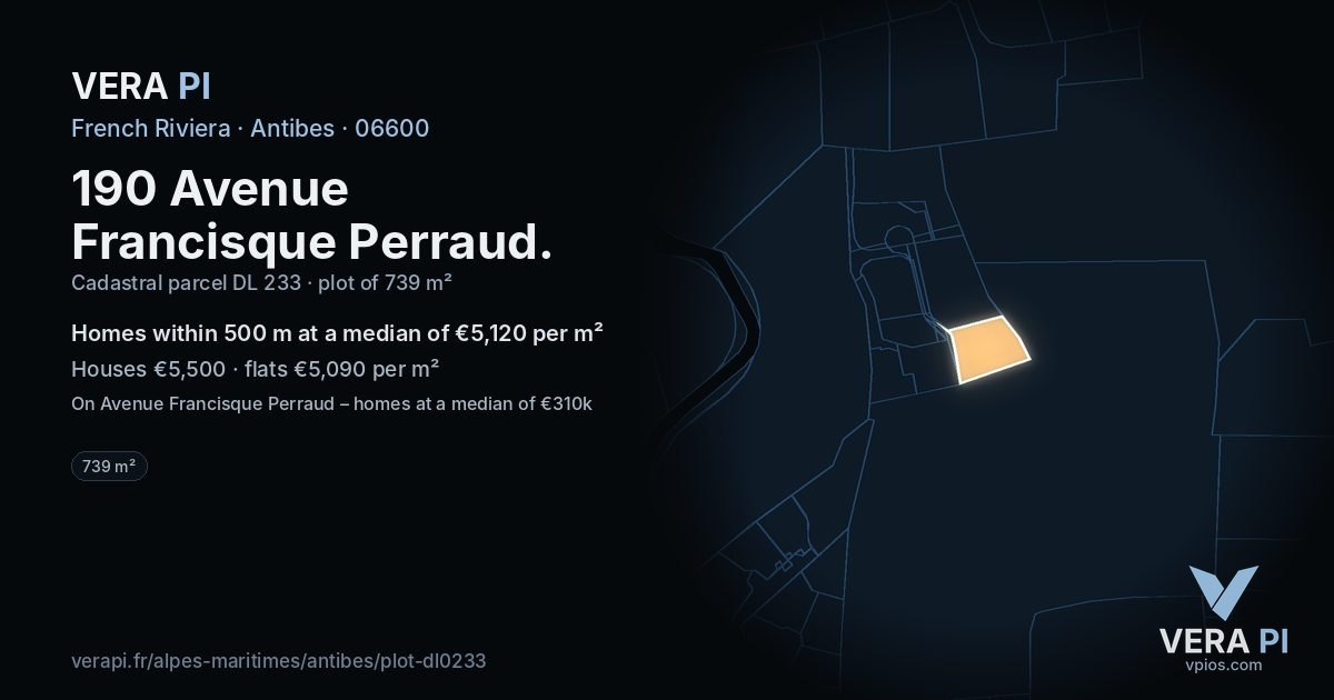 190 Avenue Francisque Perraud, Antibes at night – the plot lit, the parcels around coloured by the prices near them