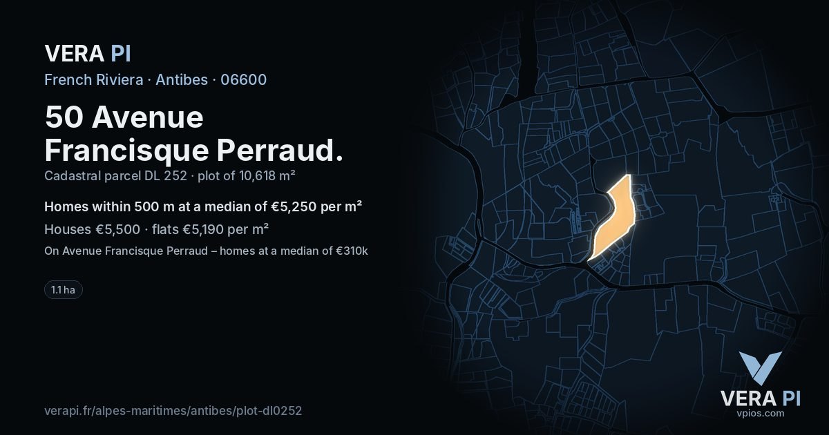 50 Avenue Francisque Perraud, Antibes at night – the plot lit, the parcels around coloured by the prices near them