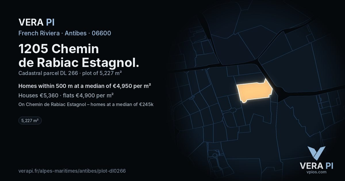 1205 Chemin de Rabiac Estagnol, Antibes at night – the plot lit, the parcels around coloured by the prices near them