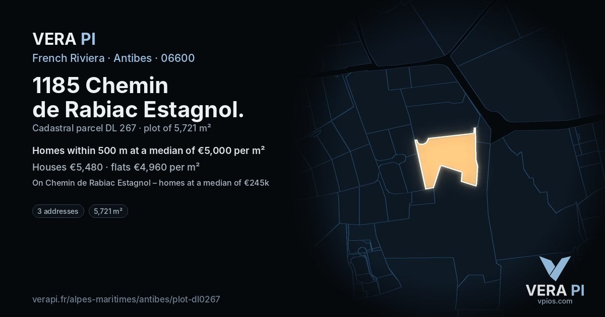 1185 Chemin de Rabiac Estagnol, Antibes at night – the plot lit, the parcels around coloured by the prices near them