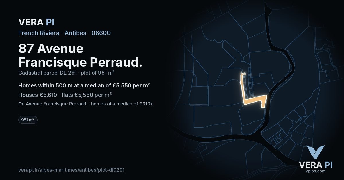 87 Avenue Francisque Perraud, Antibes at night – the plot lit, the parcels around coloured by the prices near them