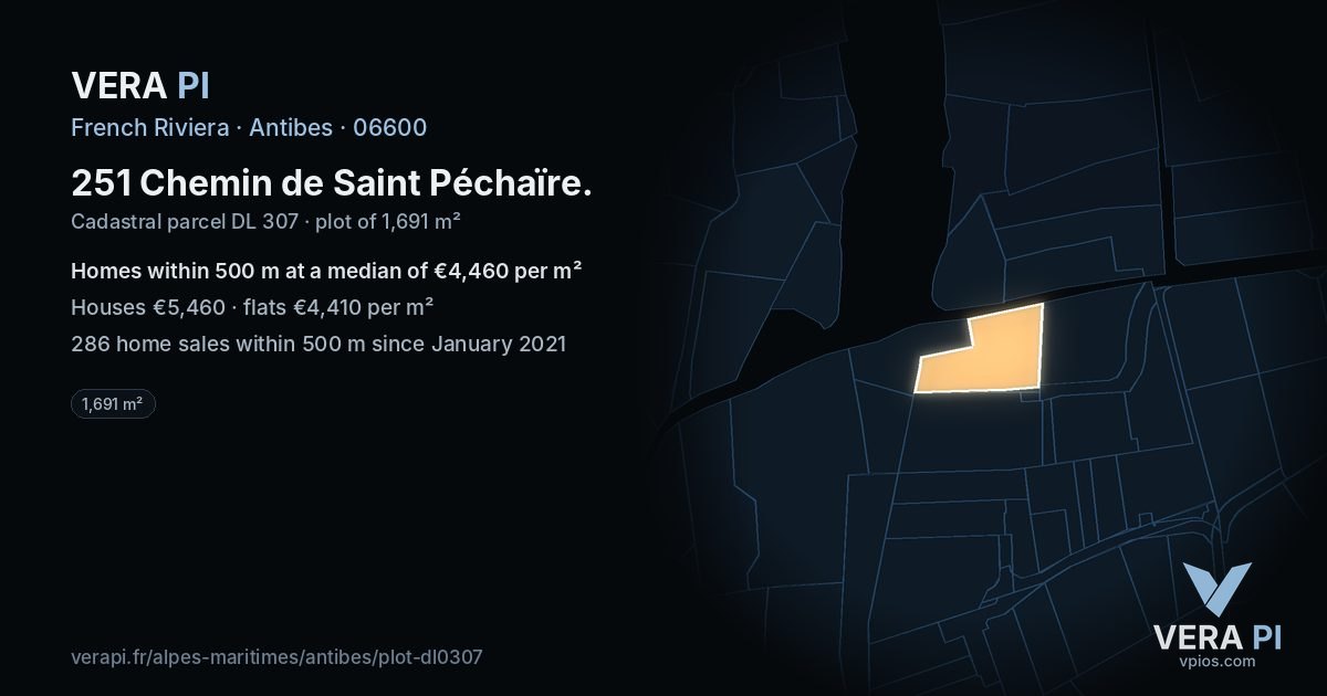 251 Chemin de Saint Péchaïre, Antibes at night – the plot lit, the parcels around coloured by the prices near them