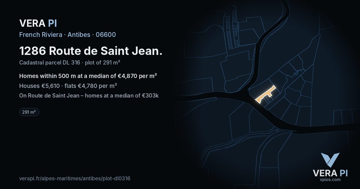 1286 Route de Saint Jean, Antibes at night – the plot lit, the parcels around coloured by the prices near them
