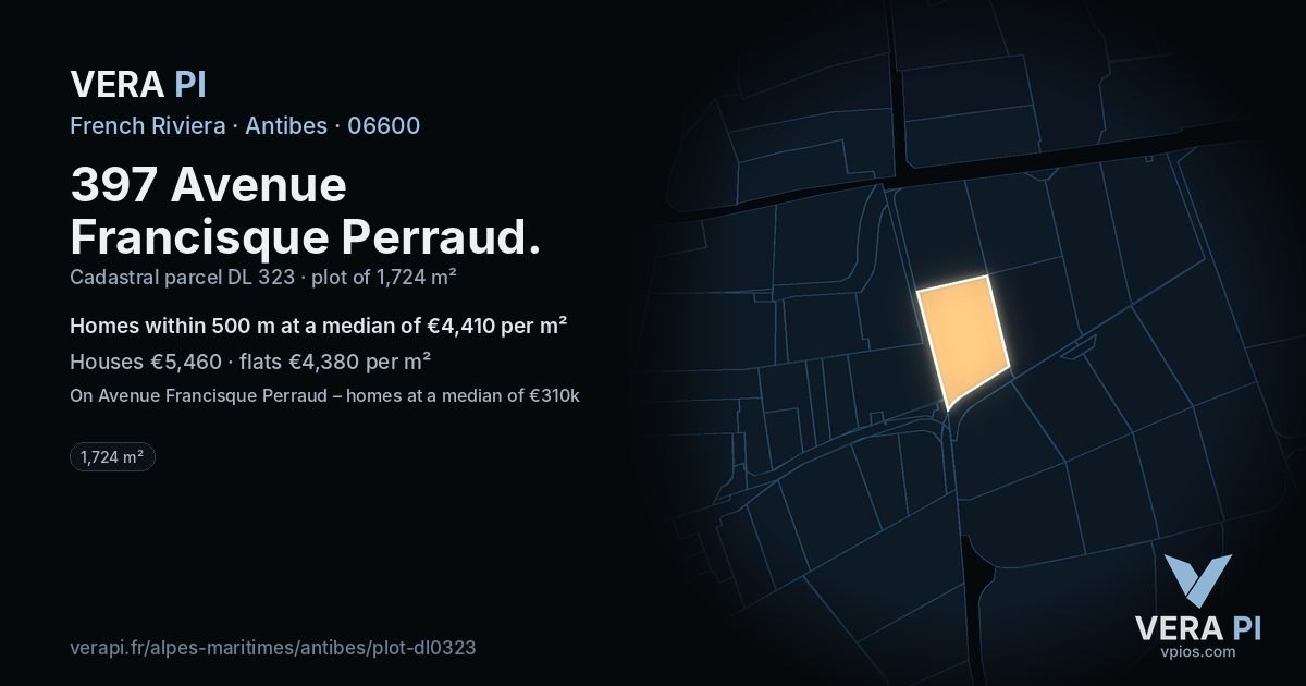 397 Avenue Francisque Perraud, Antibes at night – the plot lit, the parcels around coloured by the prices near them