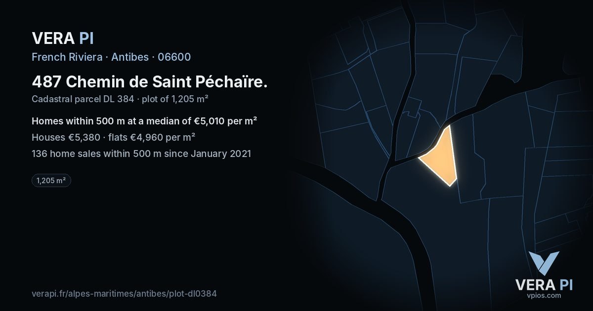 487 Chemin de Saint Péchaïre, Antibes at night – the plot lit, the parcels around coloured by the prices near them