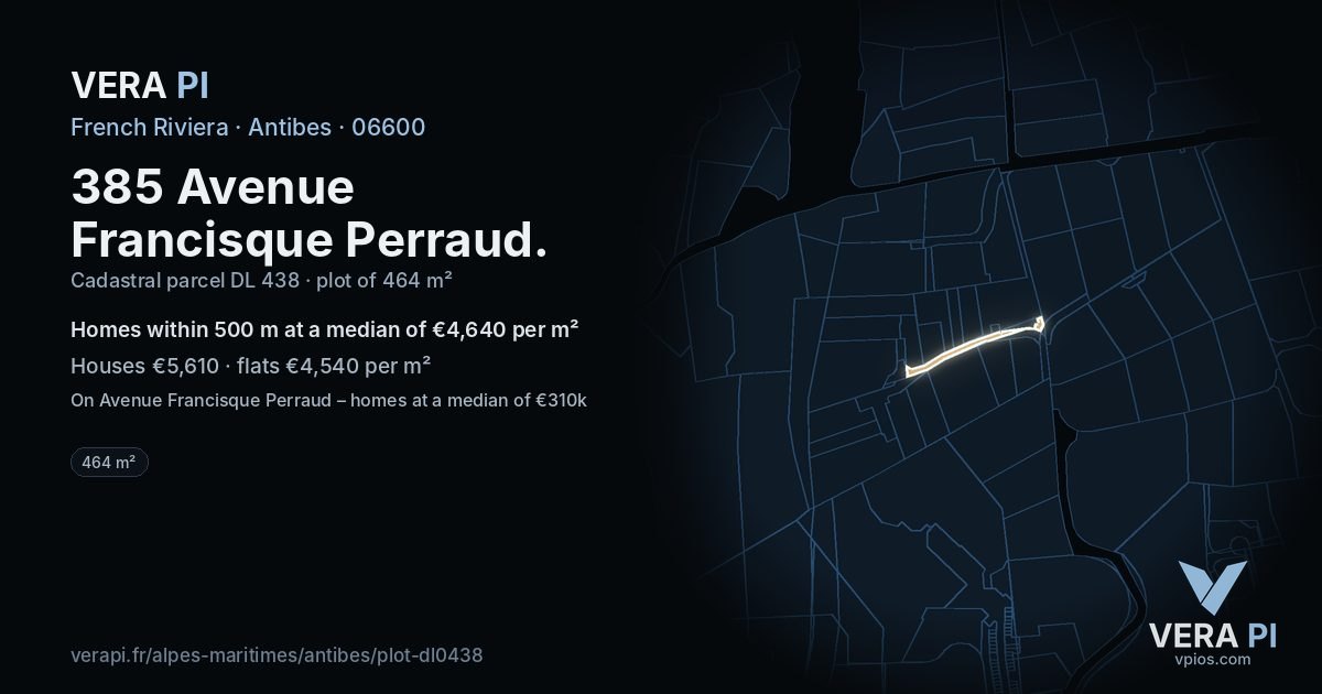385 Avenue Francisque Perraud, Antibes at night – the plot lit, the parcels around coloured by the prices near them