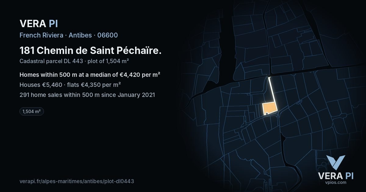 181 Chemin de Saint Péchaïre, Antibes at night – the plot lit, the parcels around coloured by the prices near them