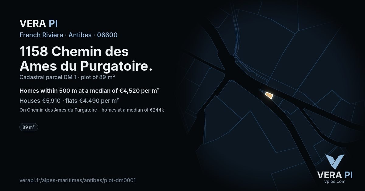 1158 Chemin des Ames du Purgatoire, Antibes at night – the plot lit, the parcels around coloured by the prices near them